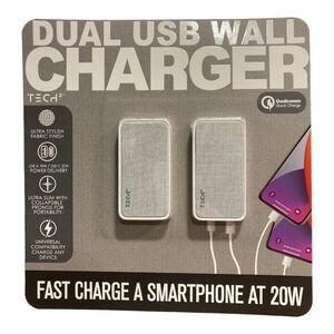Tech2 Ultra Slim Lightweight Dual USB Wall Charger with Collapsible Prongs, 2pk